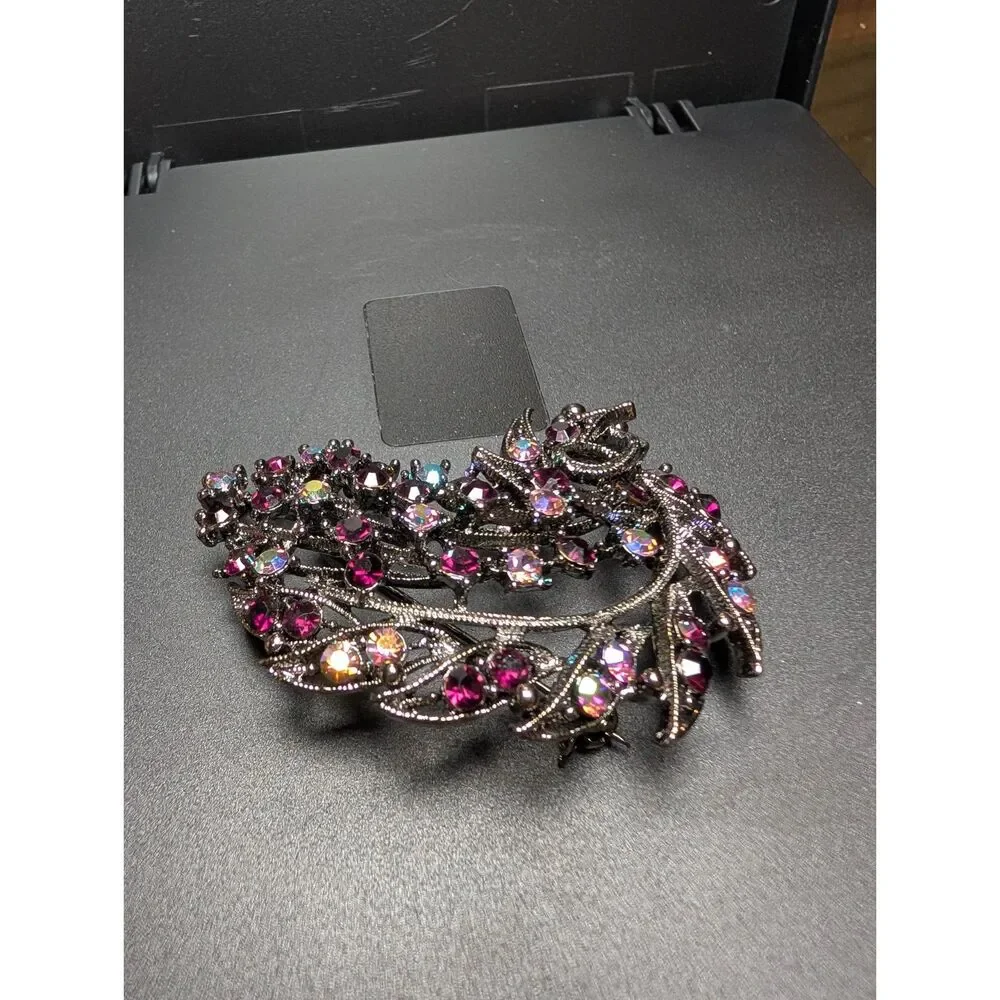 Vintage Aurora Borealis Rhinestone Floral Spray Brooch Gunmetal Statement Pin 2